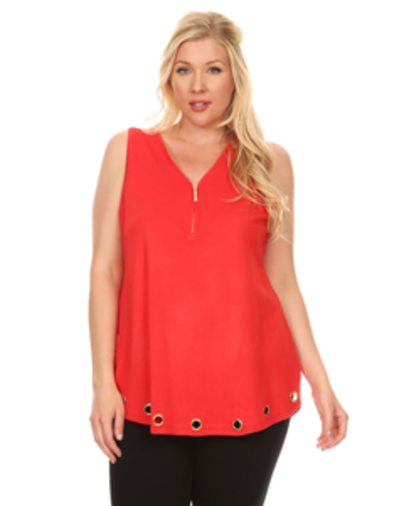 Front of a model wearing a size 0X Grommet-Trim Sweater in BLOOD ORANGE by Belldini Black Label. | dia_product_style_image_id:246013